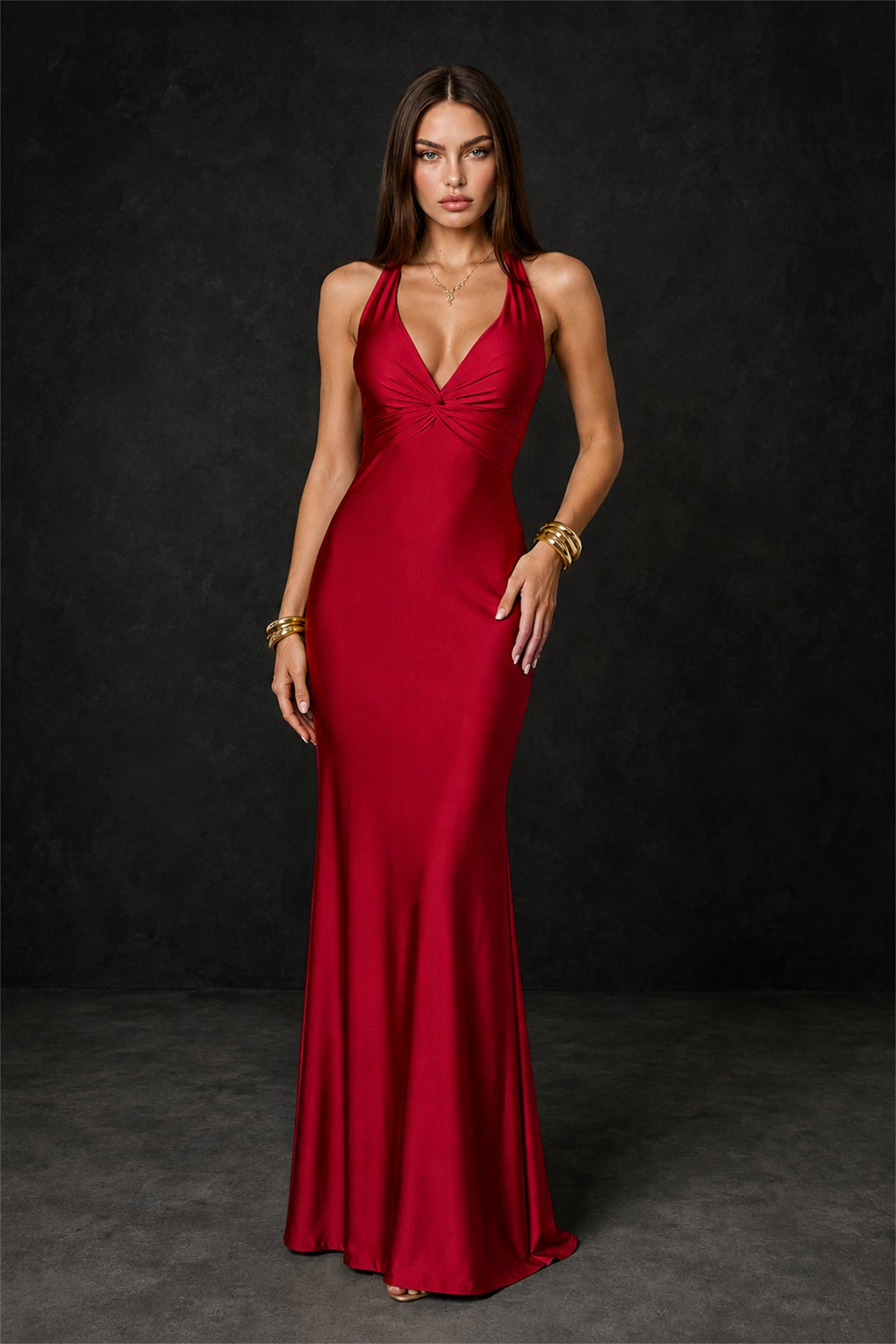BOLODOO Burgundy Deep V Neck Twisted Knot Multi-Strap Halter Open Back Satin Mermaid Maxi Dress - Burgundy