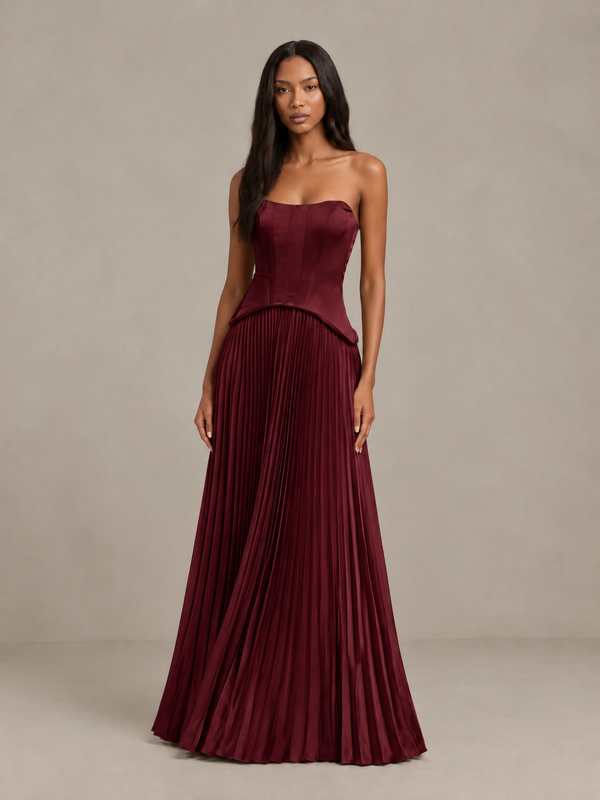 BOLODOO Burgundy Strapless Pleated Satin Evening Prom Dress - Burgundy