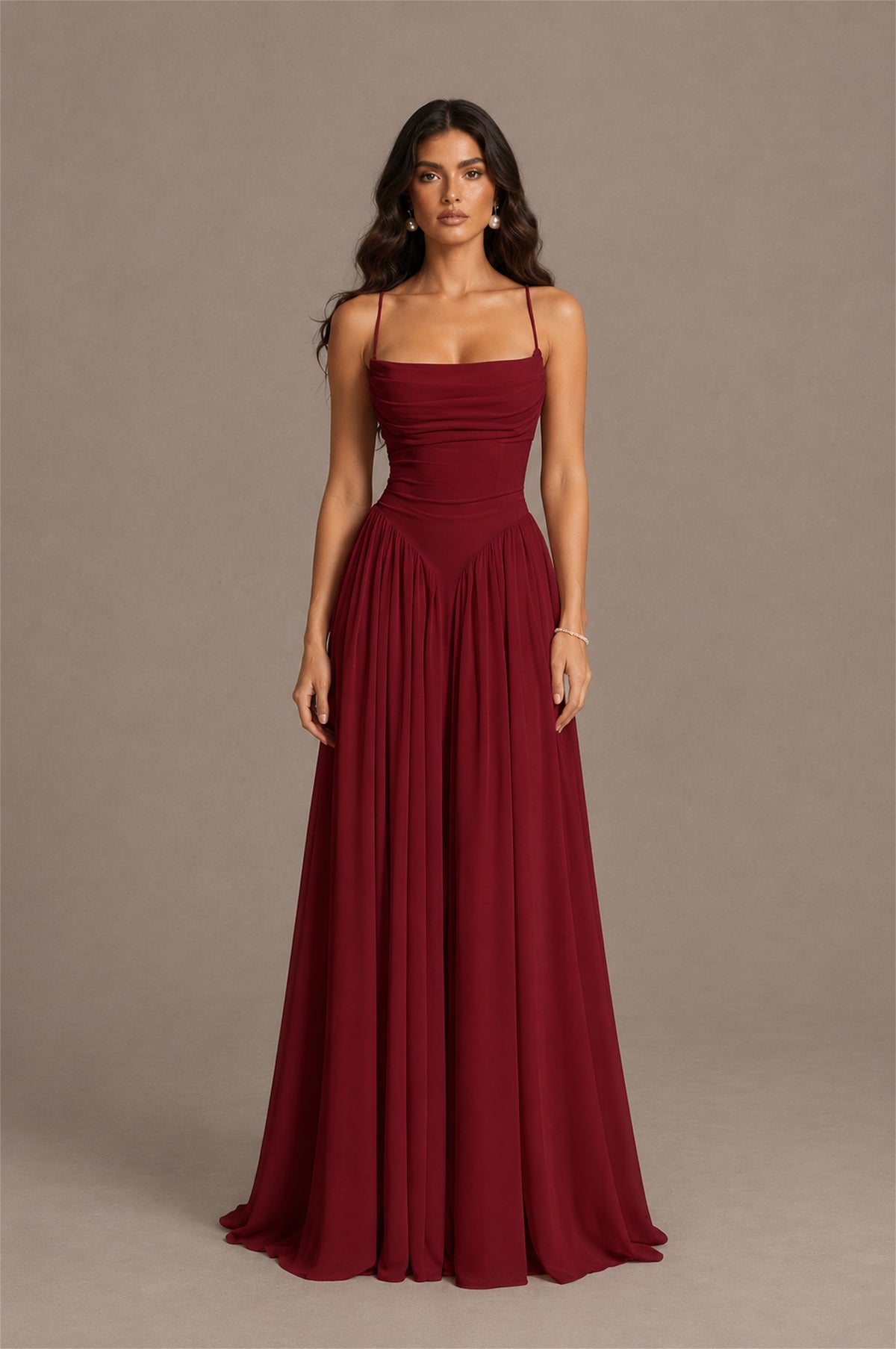 BOLODOO Burgundy Spaghetti Strap Square Neck Ruched Chiffon Maxi Dress with Lace-Up Back - Burgundy