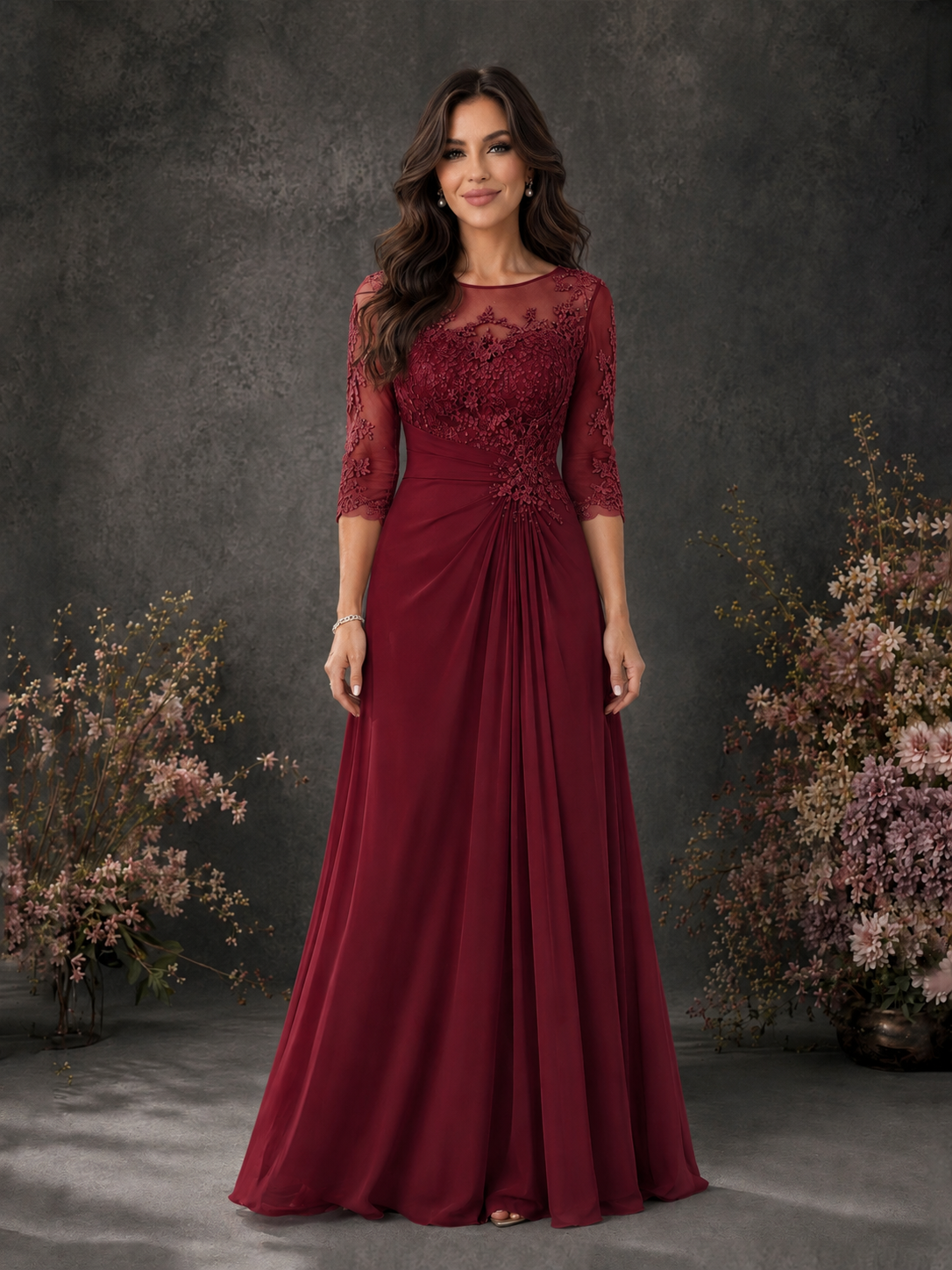 BOLODOO Burgundy Chiffon Lace Illusion Neckline 3/4 Sleeve Floor Length Formal Gown - Burgundy