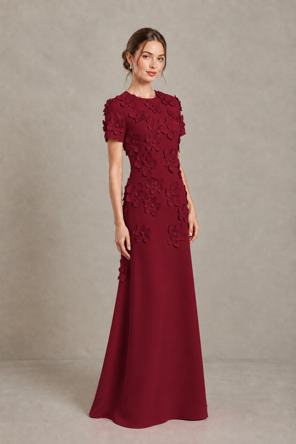 BOLODOO Burgundy Textured Floral Maxi Dress with Short Sleeves - Burgundy