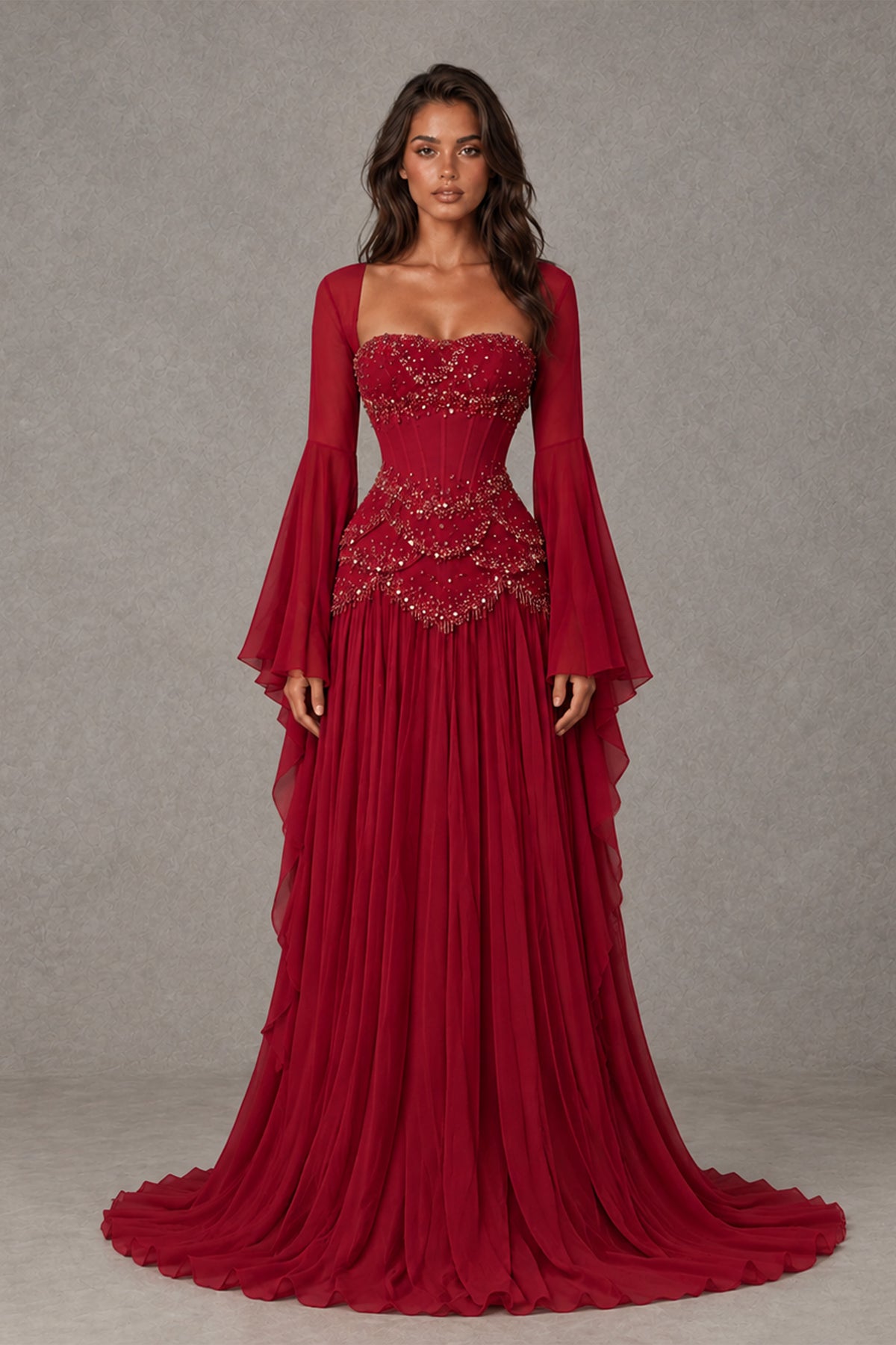 BOLODOO Burgundy Embellished Corset Gown with Long Bell Sleeves - Burgundy