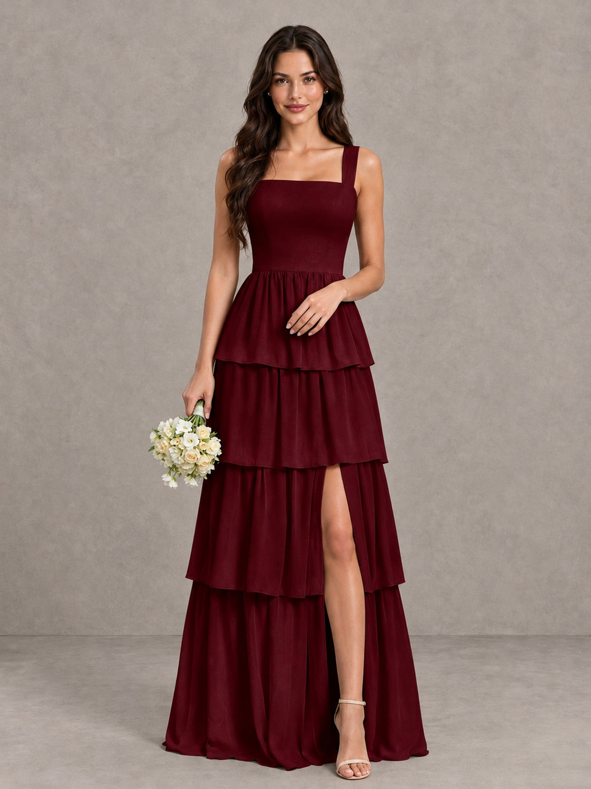 BOLODOO Burgundy Square Neck Tiered Bridesmaid Dress with Slit - Burgundy - Burgundy (1)