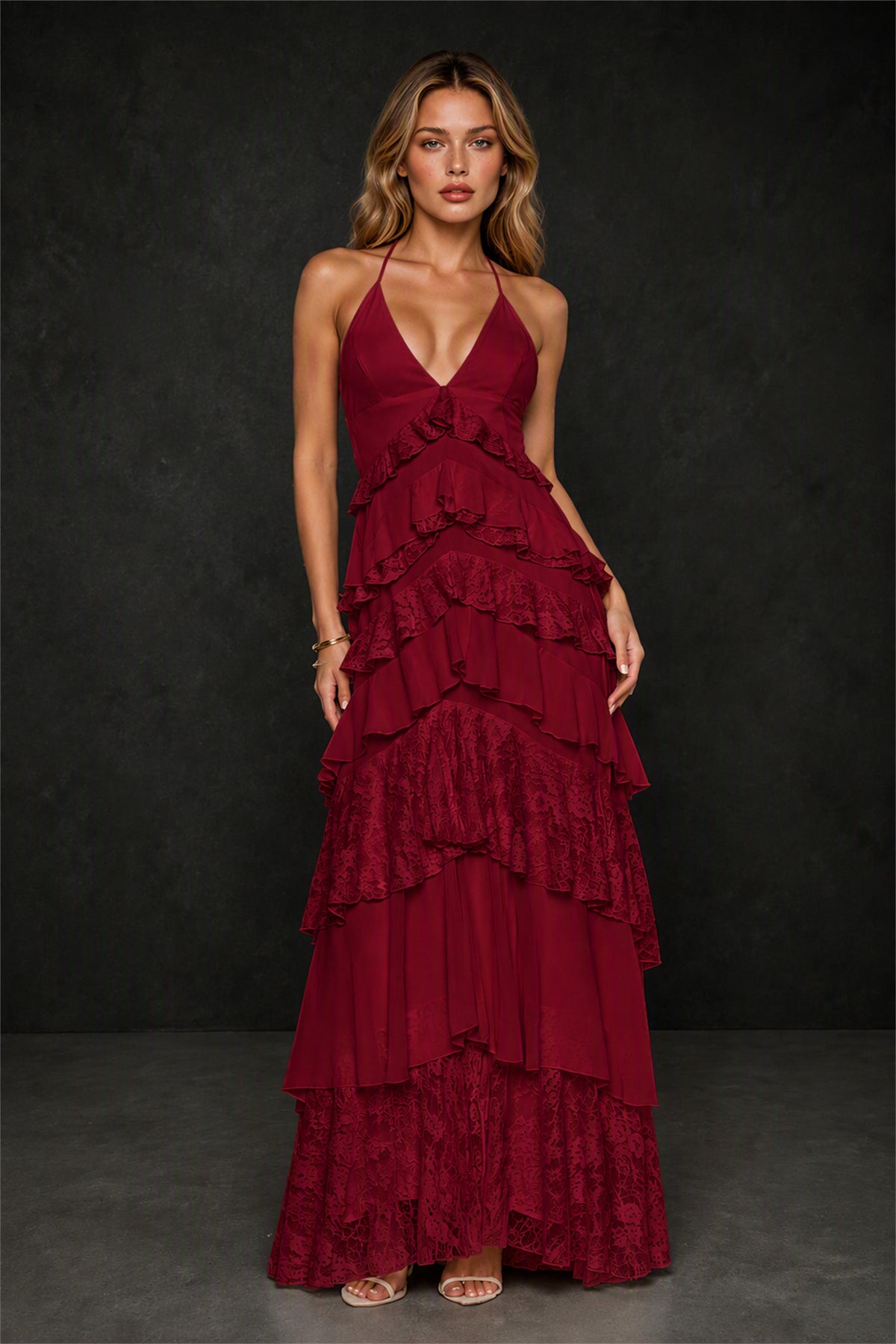 BOLODOO Burgundy Tiered Ruffle Lace Halter Backless Maxi Dress - Burgundy