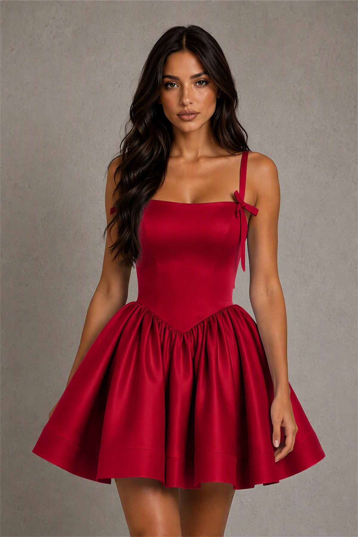BOLODOO Baby Burgundy Satin Square Neck Bow Strap Lace-Up Back Bubble Mini Dress | Cocktail Party Date Night Dress - Burgundy