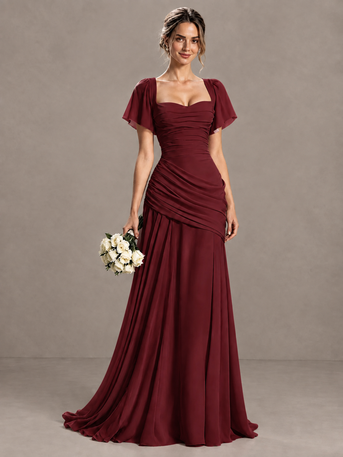 BOLODOO Burgundy Flutter Sleeve Lace-Up Back Maxi Dress - Burgundy