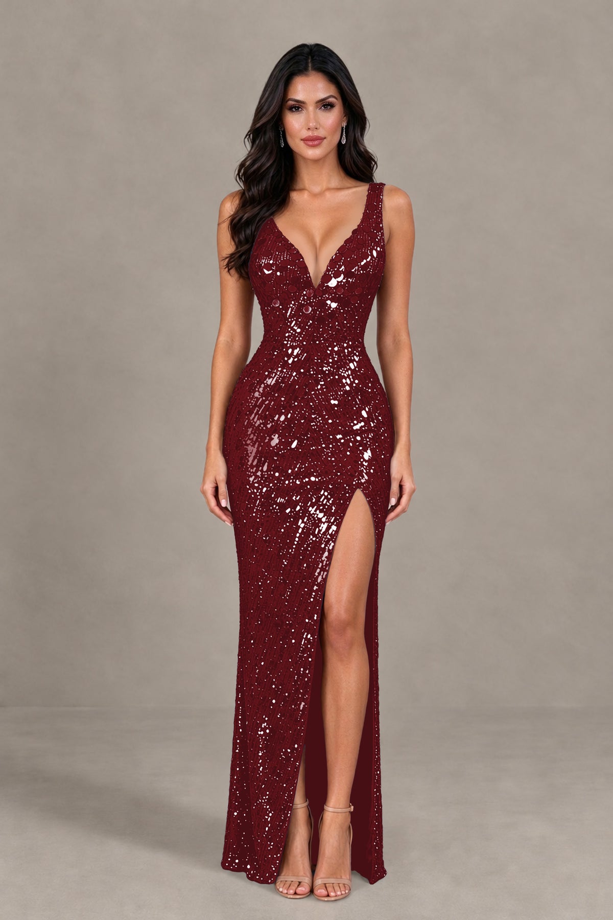 BOLODOO Burgundy Sequin Deep V-Neck Lace-Up Back High-Slit Evening Dress - Burgundy - Burgundy (1)