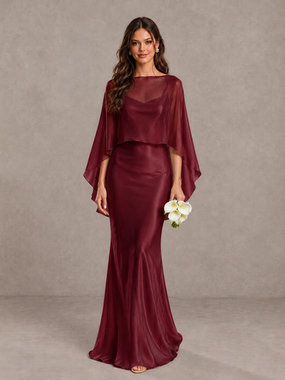 BOLODOO Burgundy Satin Mermaid Bridesmaid Dress with Chiffon Cape - Burgundy - Burgundy (1)