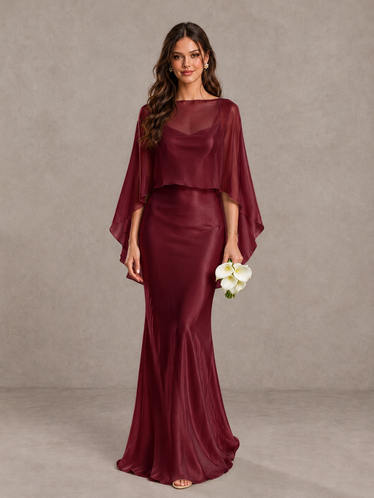 BOLODOO Burgundy Satin Mermaid Bridesmaid Dress with Chiffon Cape - Burgundy - Burgundy (1)