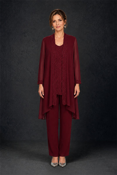 BOLODOO Burgundy 3-Piece Beaded Chiffon Duster Jacket Pant Suit - Burgundy