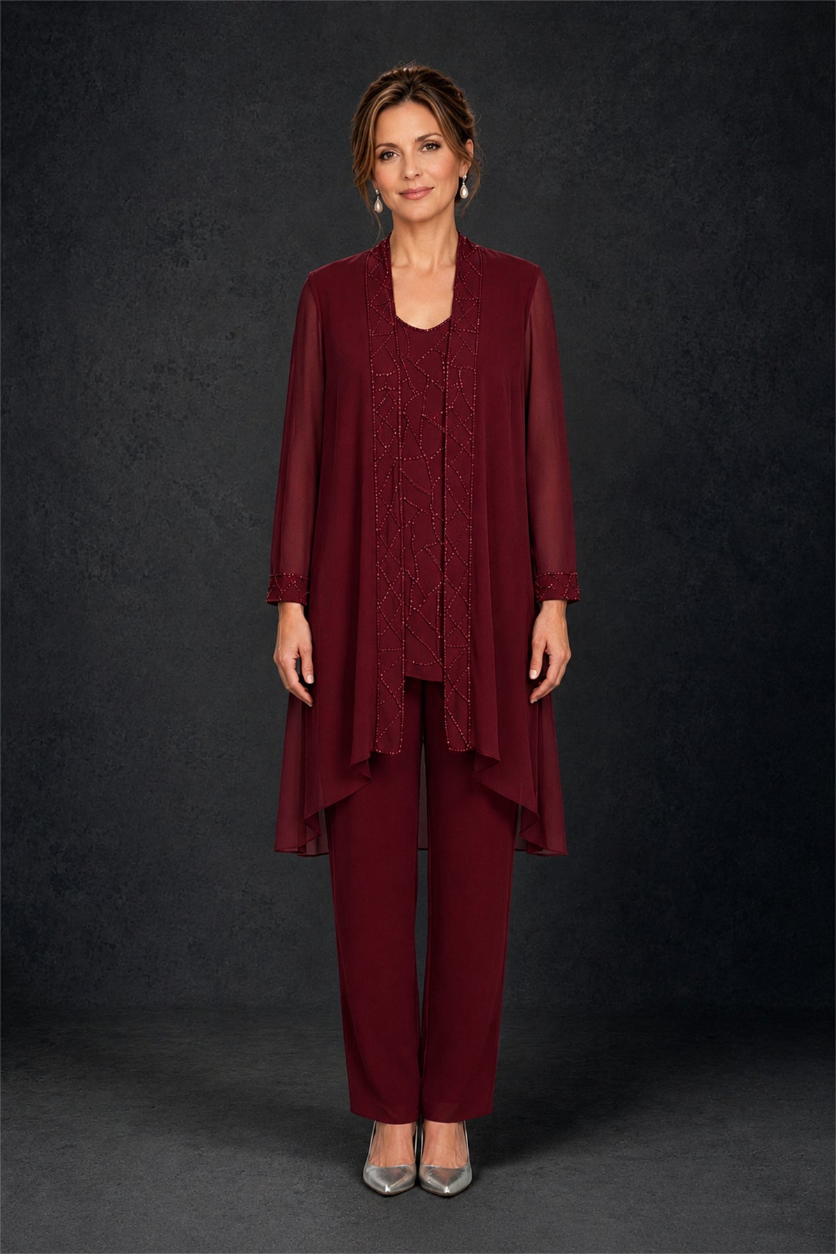 BOLODOO Burgundy 3-Piece Beaded Chiffon Duster Jacket Pant Suit - Burgundy