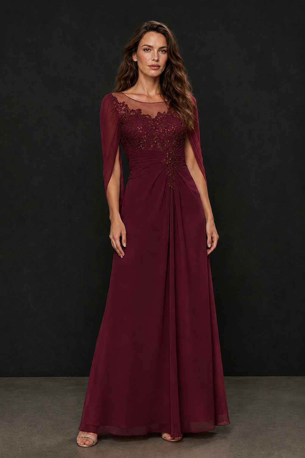 BOLODOO Burgundy Illusion Lace One-Side Cape Sleeve Beaded Chiffon Floor Length Gown | Mother of the Bride Evening Dress - Burgundy