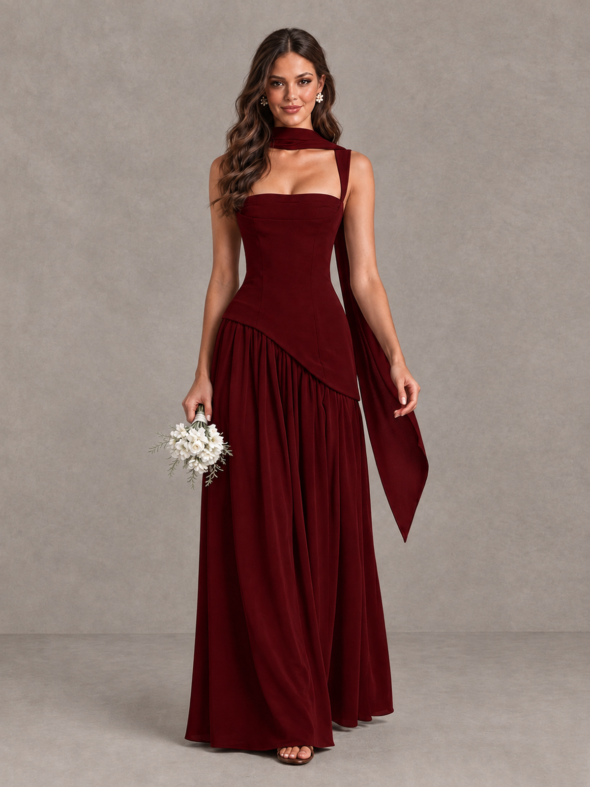 BOLODOO Burgundy Brown Scarf Bridesmaid Dress with Lace-Up Back - Burgundy - Burgundy (1)