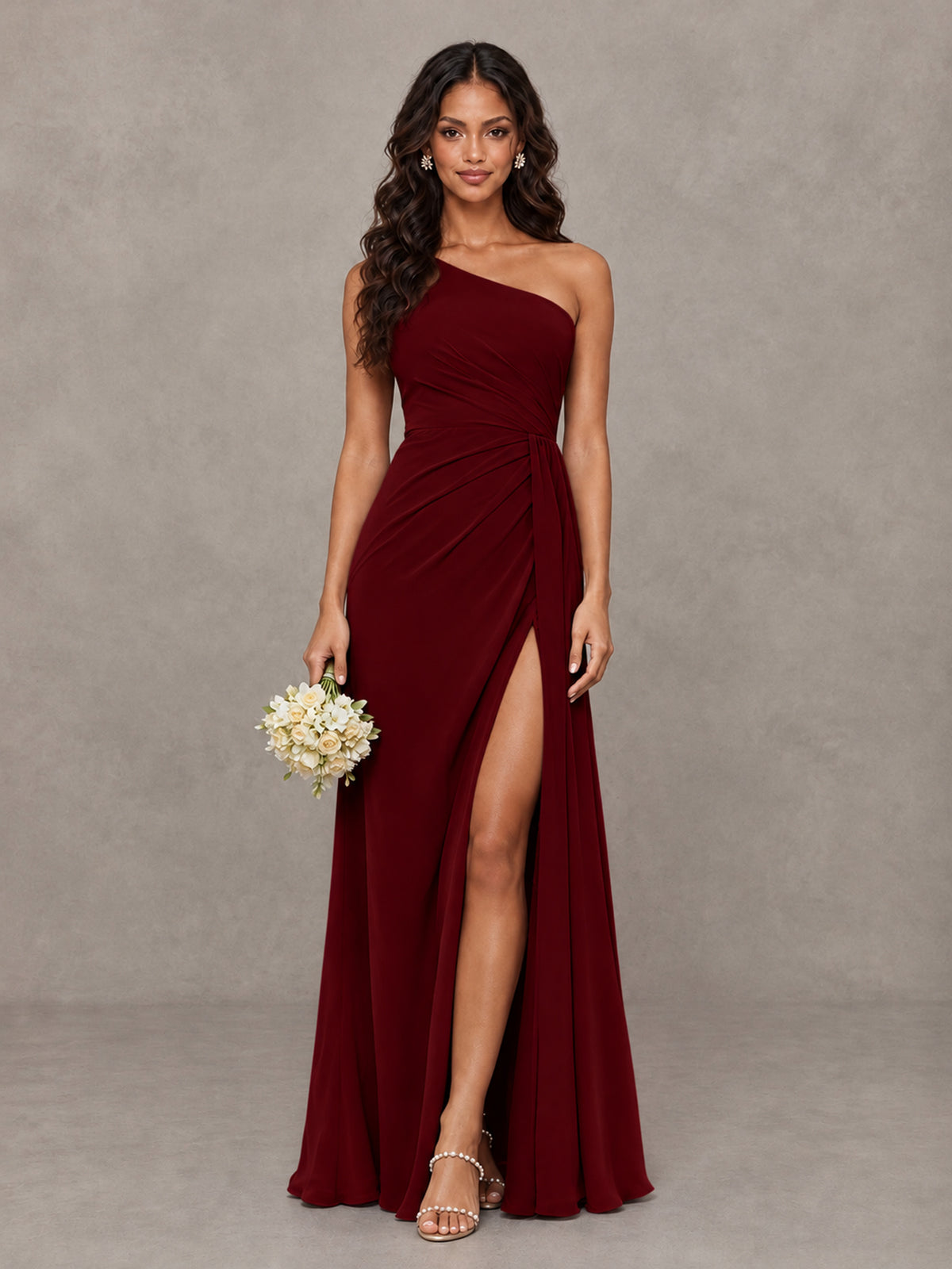 BOLODOO Burgundy One-Shoulder Chiffon Bridesmaid Dress with Ruched Bodice & High Slit - Burgundy - Burgundy (1)