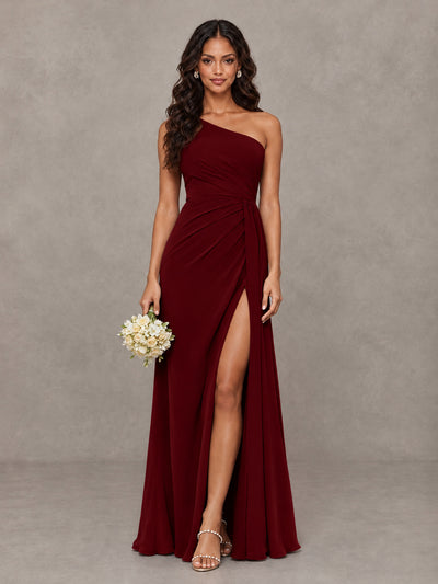 BOLODOO Burgundy One-Shoulder Chiffon Bridesmaid Dress with Ruched Bodice & High Slit - Burgundy - Burgundy (1)