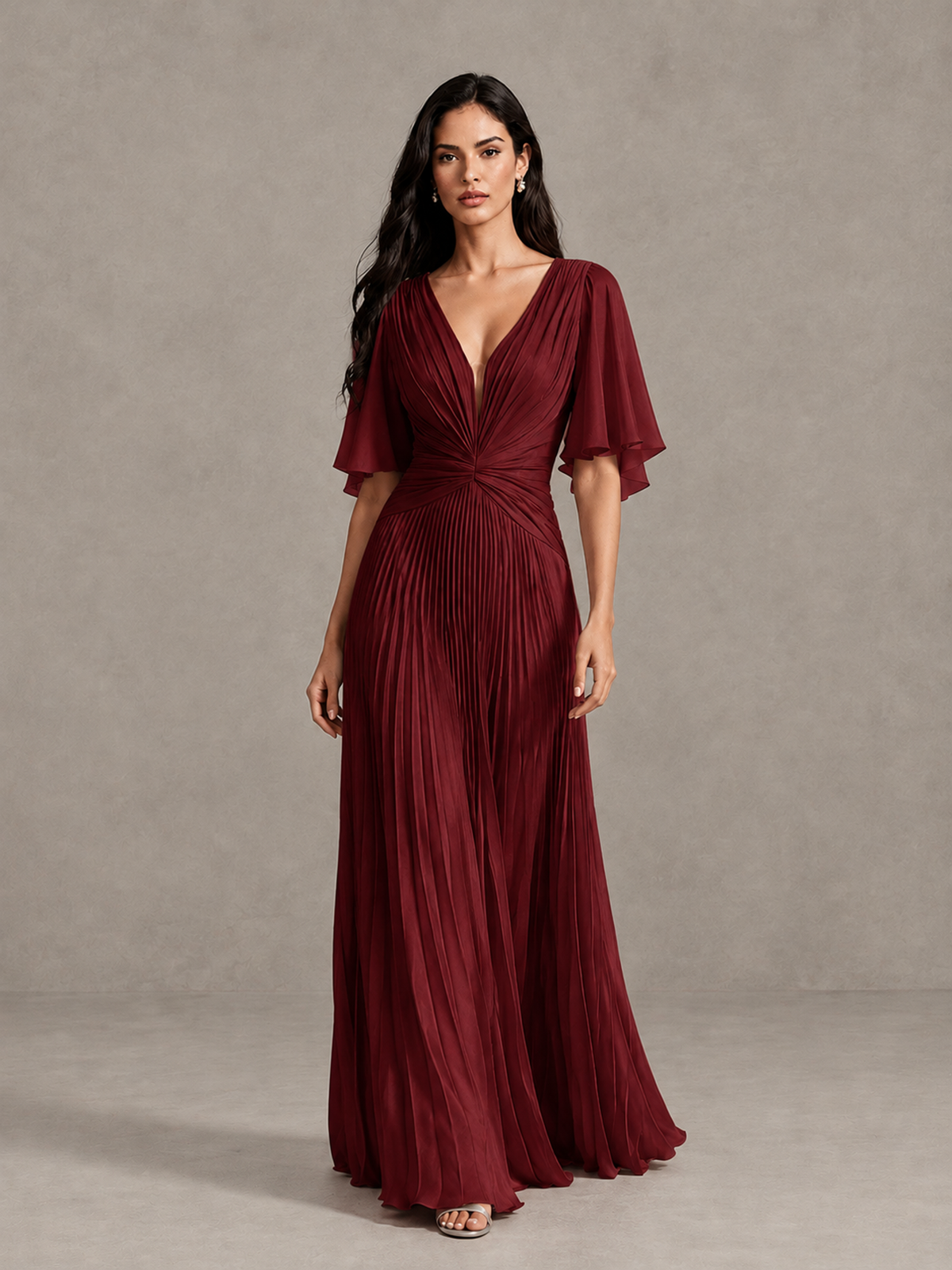 BOLODOO Burgundy Pleated V-Neck Flutter Sleeve Bridesmaid Dress - Burgundy - Burgundy (1)