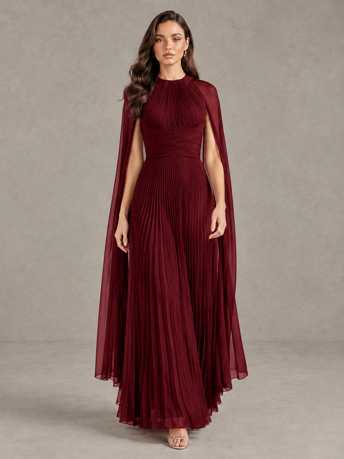 BOLODOO Burgundy Pleated Cape Maxi Wedding Guest Dress - Burgundy - Burgundy (1)
