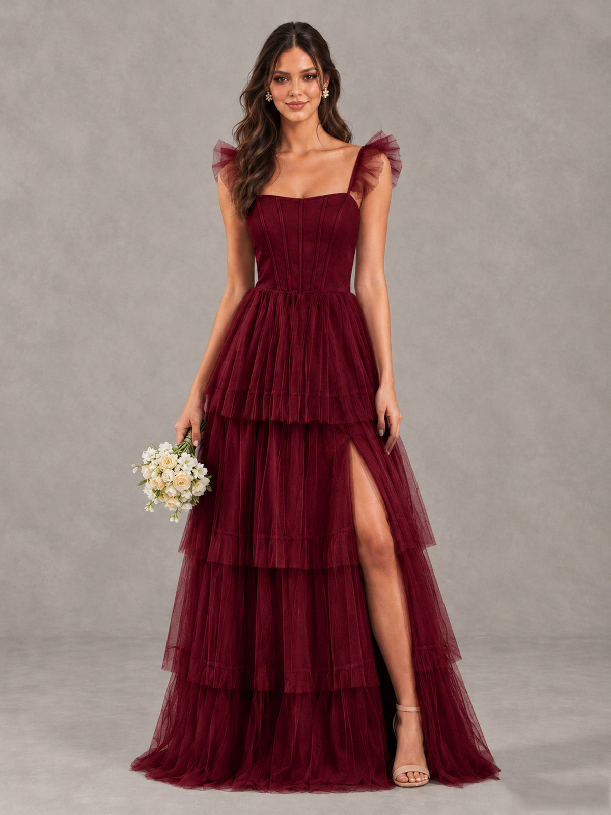 BOLODOO Burgundy Tiered Tulle Bridesmaid Dress with Slit - Burgundy - Burgundy (1)