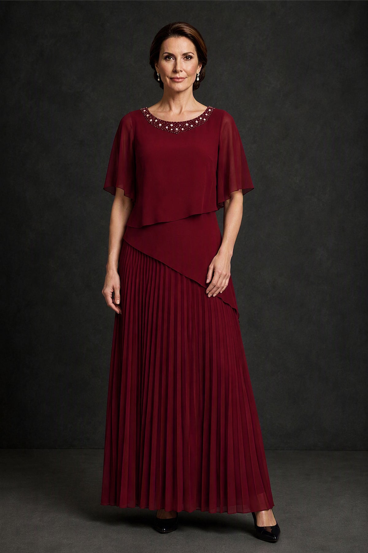 BOLODOO Burgundy Pearl Beaded Neck Asymmetric Tiered Flutter Sleeve Pleated Chiffon Maxi Dress - Burgundy
