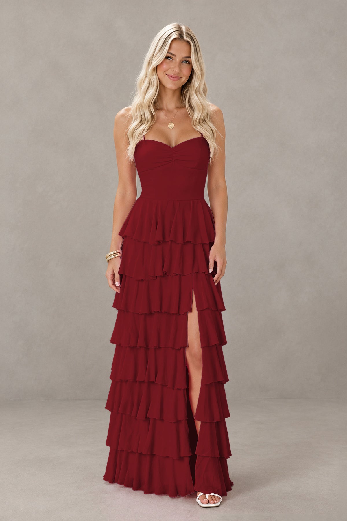 BOLODOO Burgundy Strapless Tiered Ruffle Maxi Dress with Slit & Lace-Up Back - Burgundy