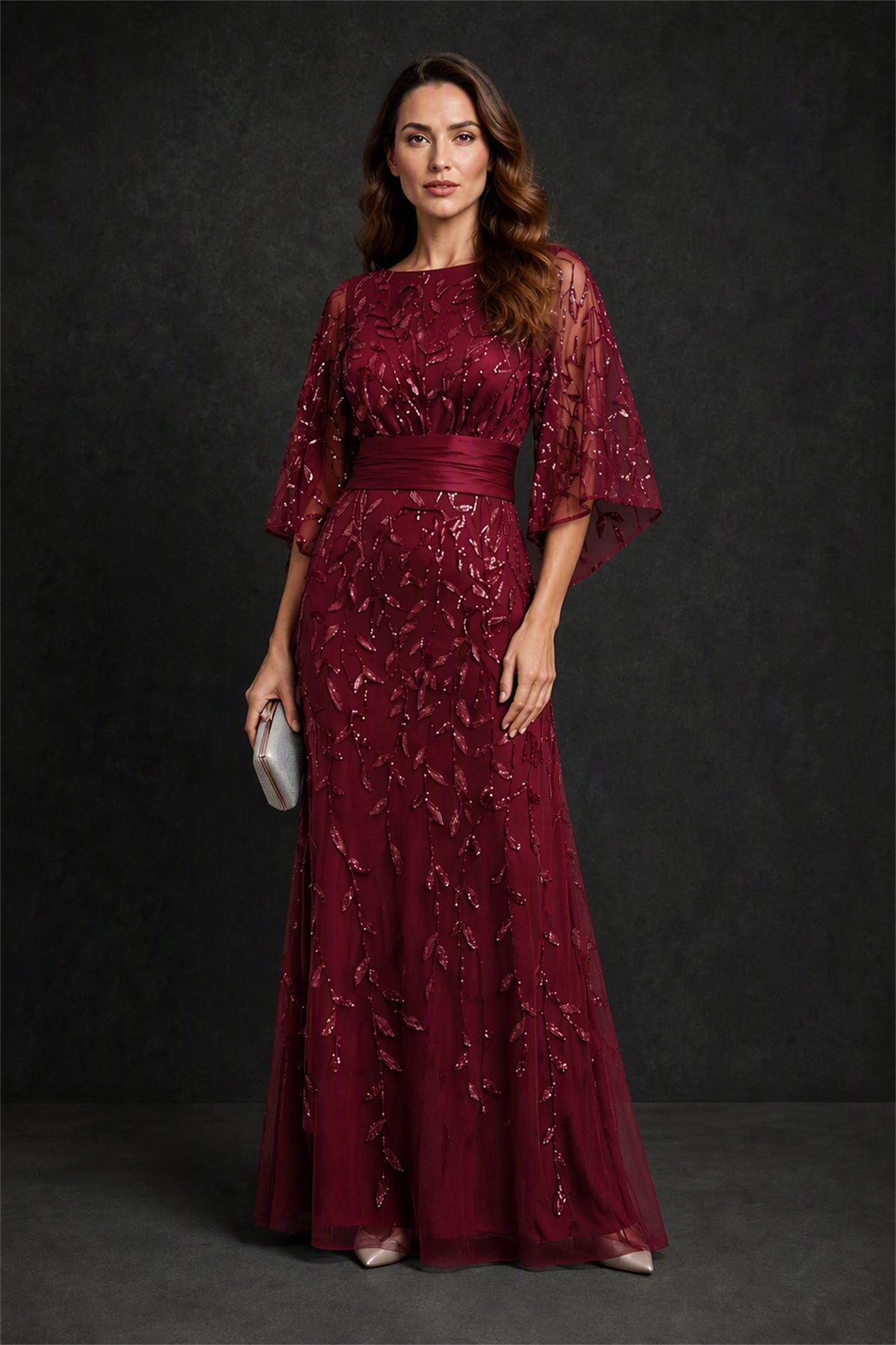 BOLODOO Burgundy Bateau Neck Bell Sleeve Sequin Embroidered Satin Waist A-Line Maxi Dress - Burgundy