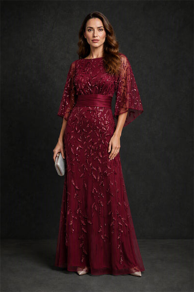 BOLODOO Burgundy Bateau Neck Bell Sleeve Sequin Embroidered Satin Waist A-Line Maxi Dress - Burgundy