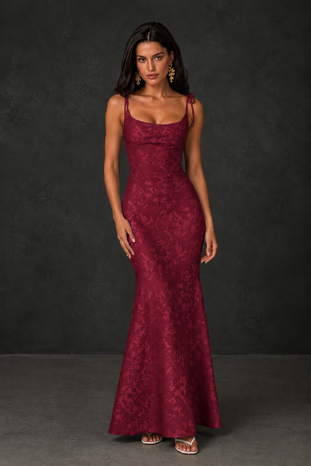 BOLODOO Burgundy Scoop Neck Tie Strap Lace-Up Back Floral Jacquard Mermaid Maxi Dress - Burgundy