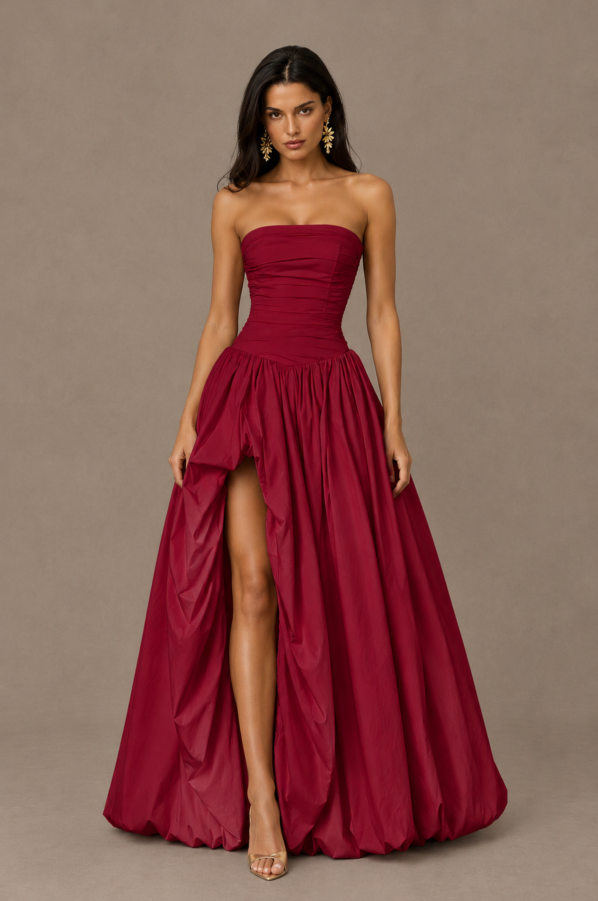 BOLODOO Burgundy Strapless Ruched Corset Lace-Up Back Bubble Skirt High Slit Taffeta Maxi Dress - Burgundy