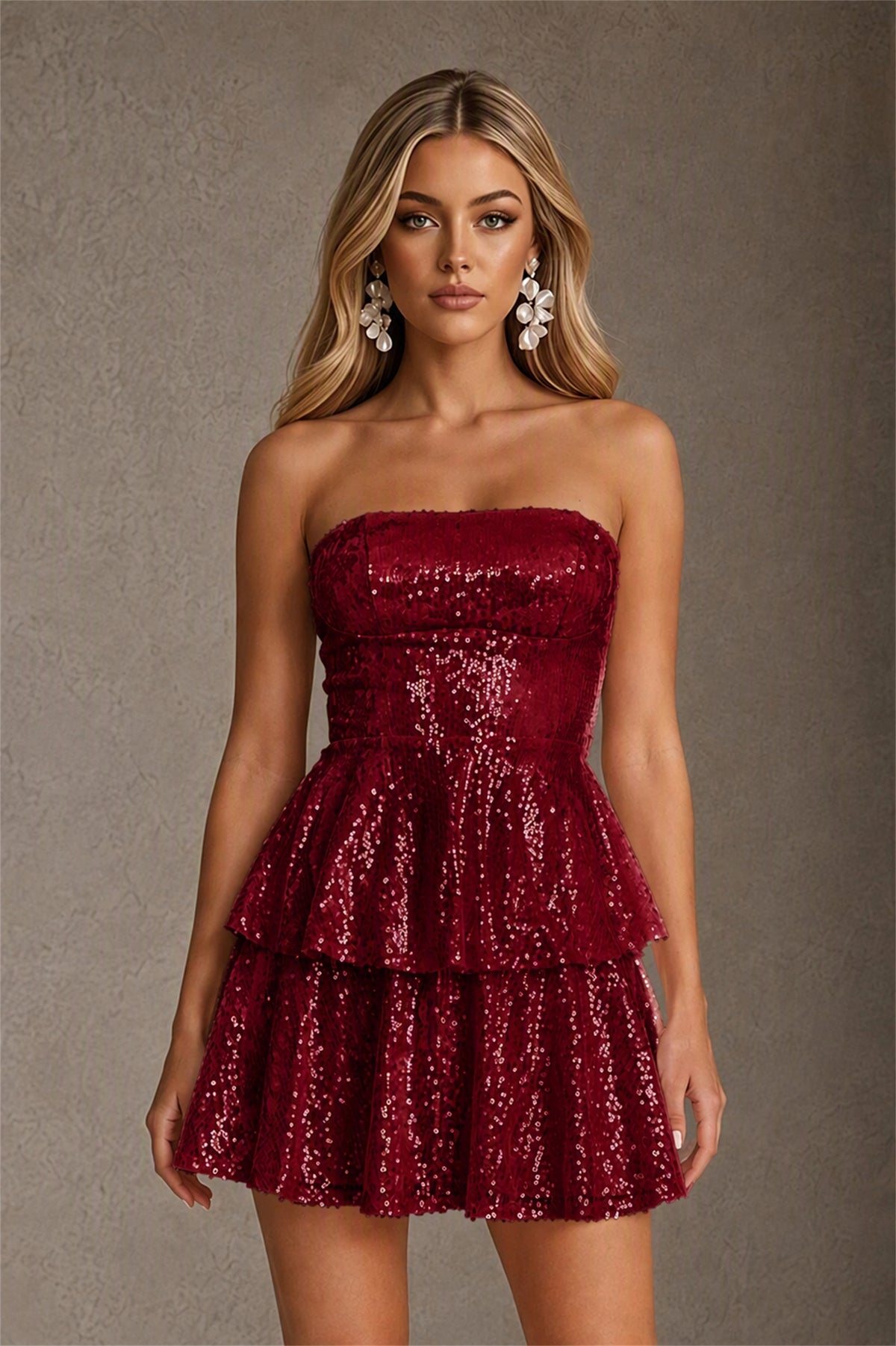 BOLODOO Burgundy Iridescent Sequin Strapless Open Back Bow Tiered Mini Dress | Aurora Sequin Ruffle Party Dress - Burgundy
