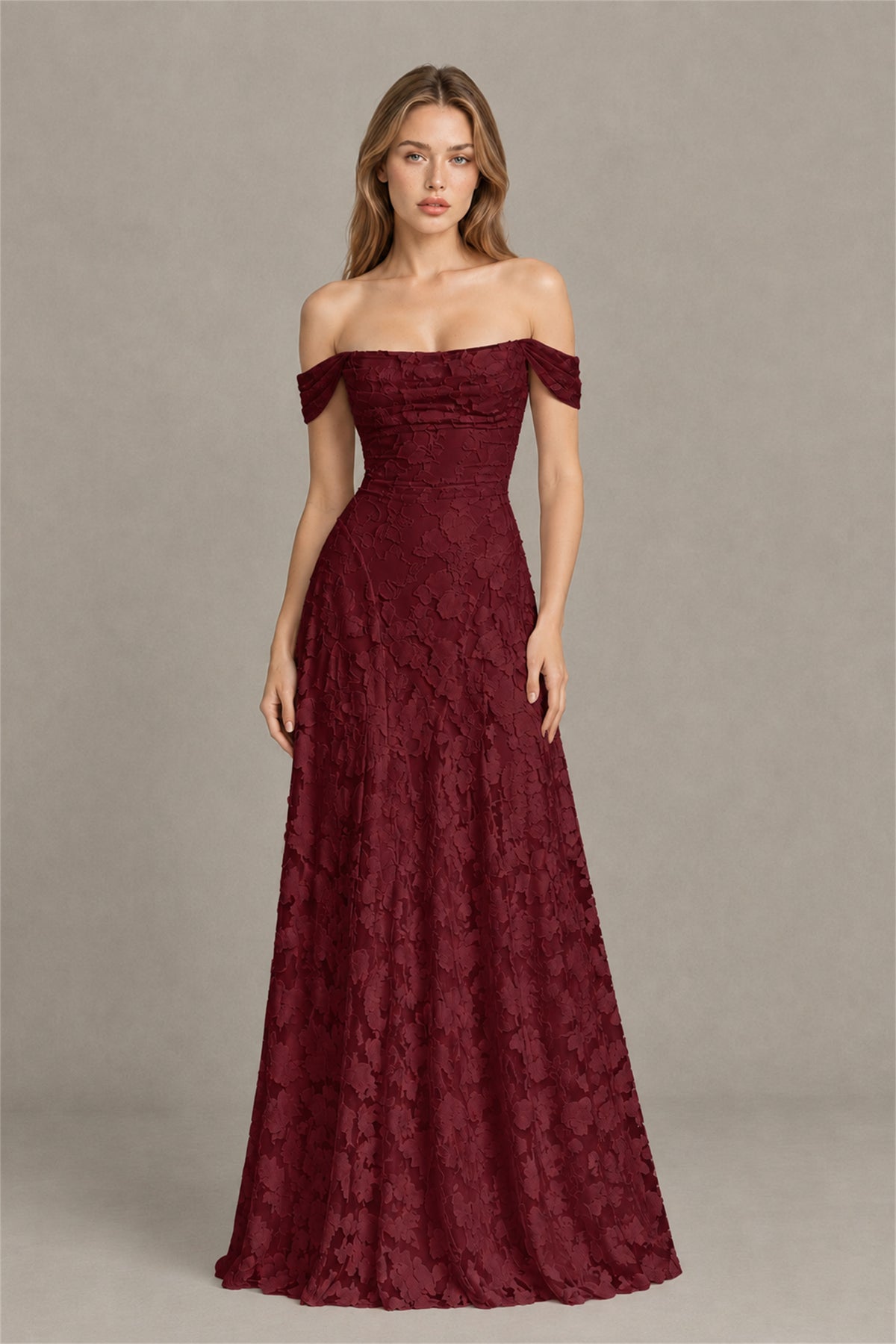 BOLODOO Burgundy Off-Shoulder Pleated A-Line Maxi Dress Floral - Burgundy