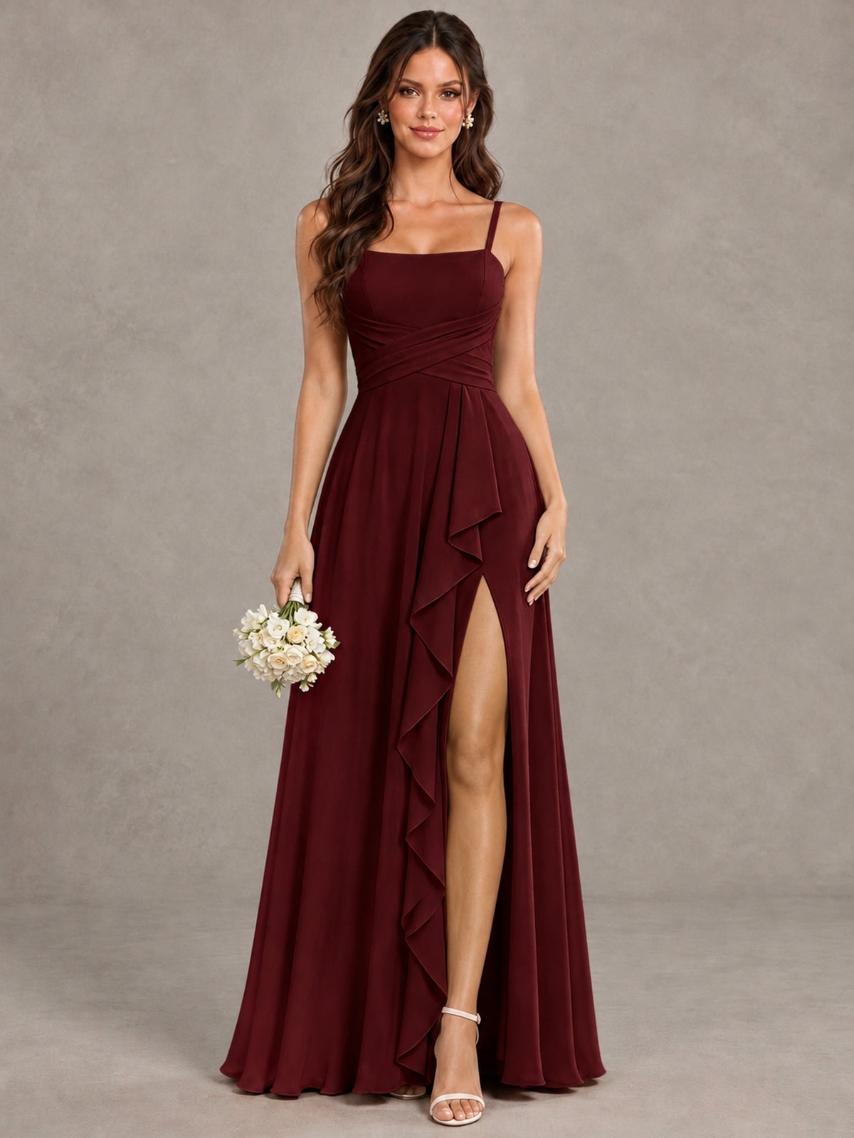 BOLODOO Burgundy Spaghetti Strap Ruffle Bridesmaid Dress with Slit - Burgundy - Burgundy (1)