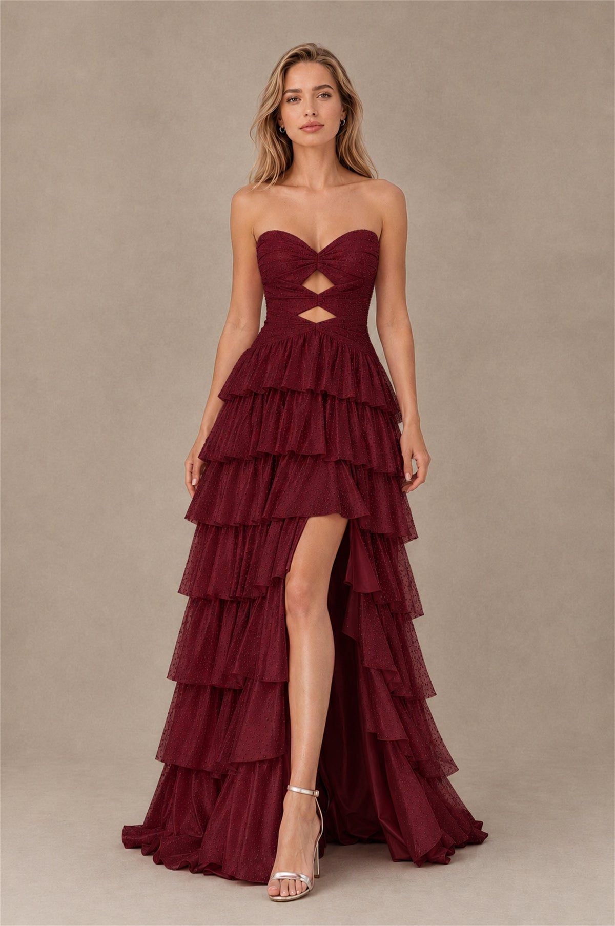 BOLODOO Burgundy Strapless Cutout Tiered Ruffle Prom Dress with High Slit - Burgundy - Burgundy (1)