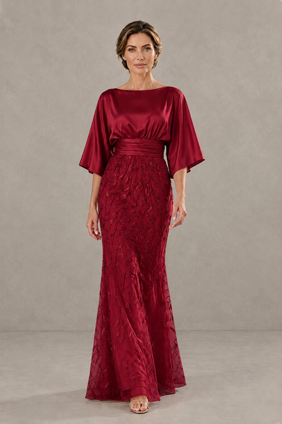 BOLODOO Burgundy Mother of the Bride Dress with Kimono Sleeves, Satin Bodice & Sequin Embroidered Mermaid Floor-Length Gown - Burgundy - Burgundy (1)