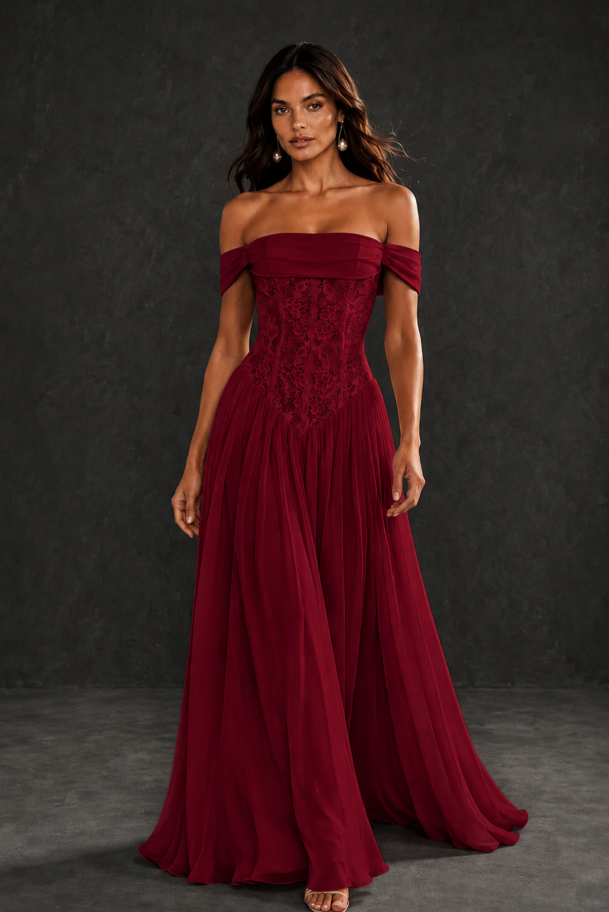 BOLODOO Burgundy Off-Shoulder Lace Corset Tulle Maxi Dress - Burgundy