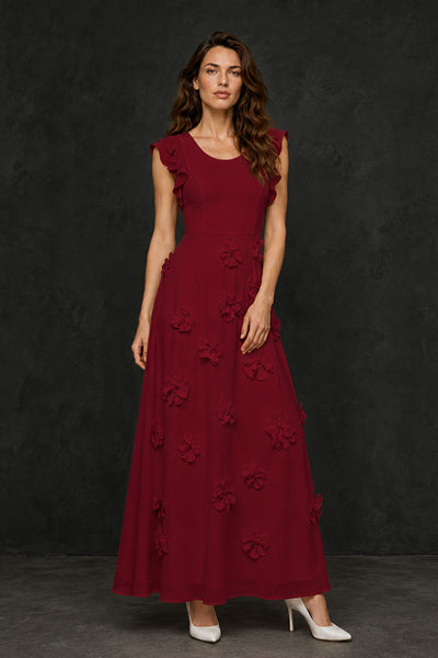 BOLODOO Burgundy Scoop Neck Flutter Sleeve 3D Floral Appliqué A-Line Chiffon Maxi Dress - Burgundy