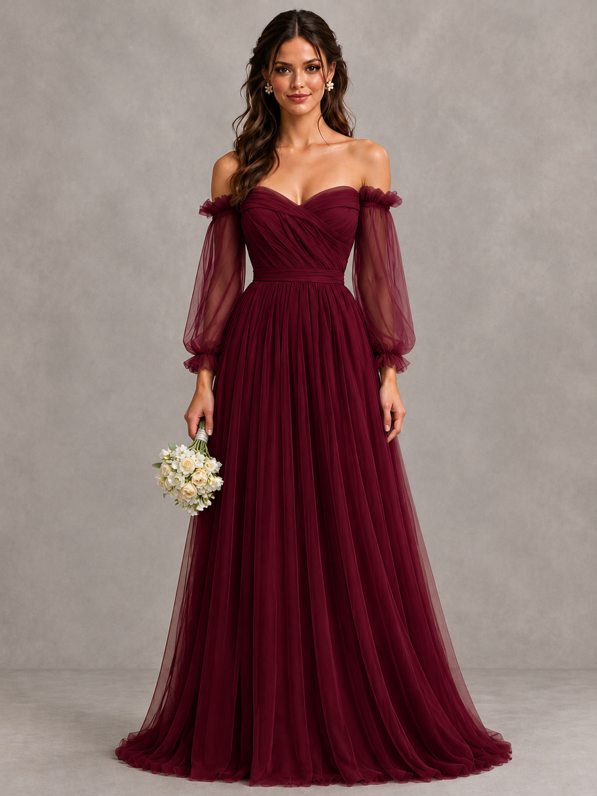 BOLODOO Burgundy Off-the-Shoulder Long Sleeve A-Line Bridesmaid Dress - Burgundy - Burgundy (1)