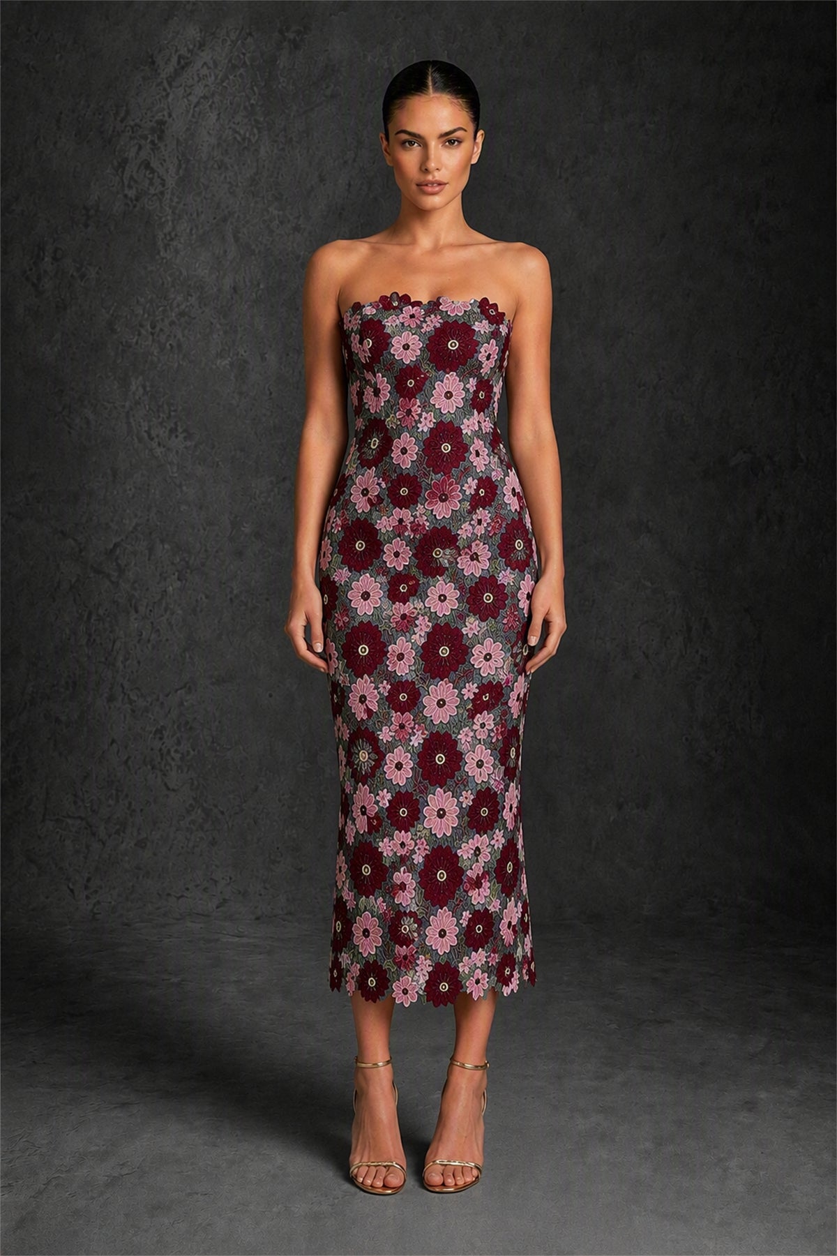 BOLODOO Burgundy 3D Floral Applique Strapless Column Midi Dress | Wedding Guest & Cocktail - Burgundy