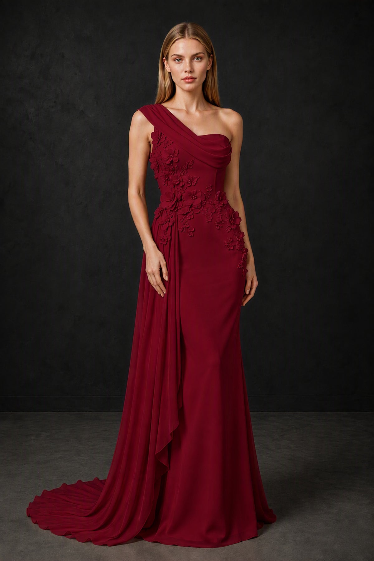 BOLODOO Burgundy One-Shoulder 3D Floral Appliqué Chiffon Gown with Open Back - Burgundy