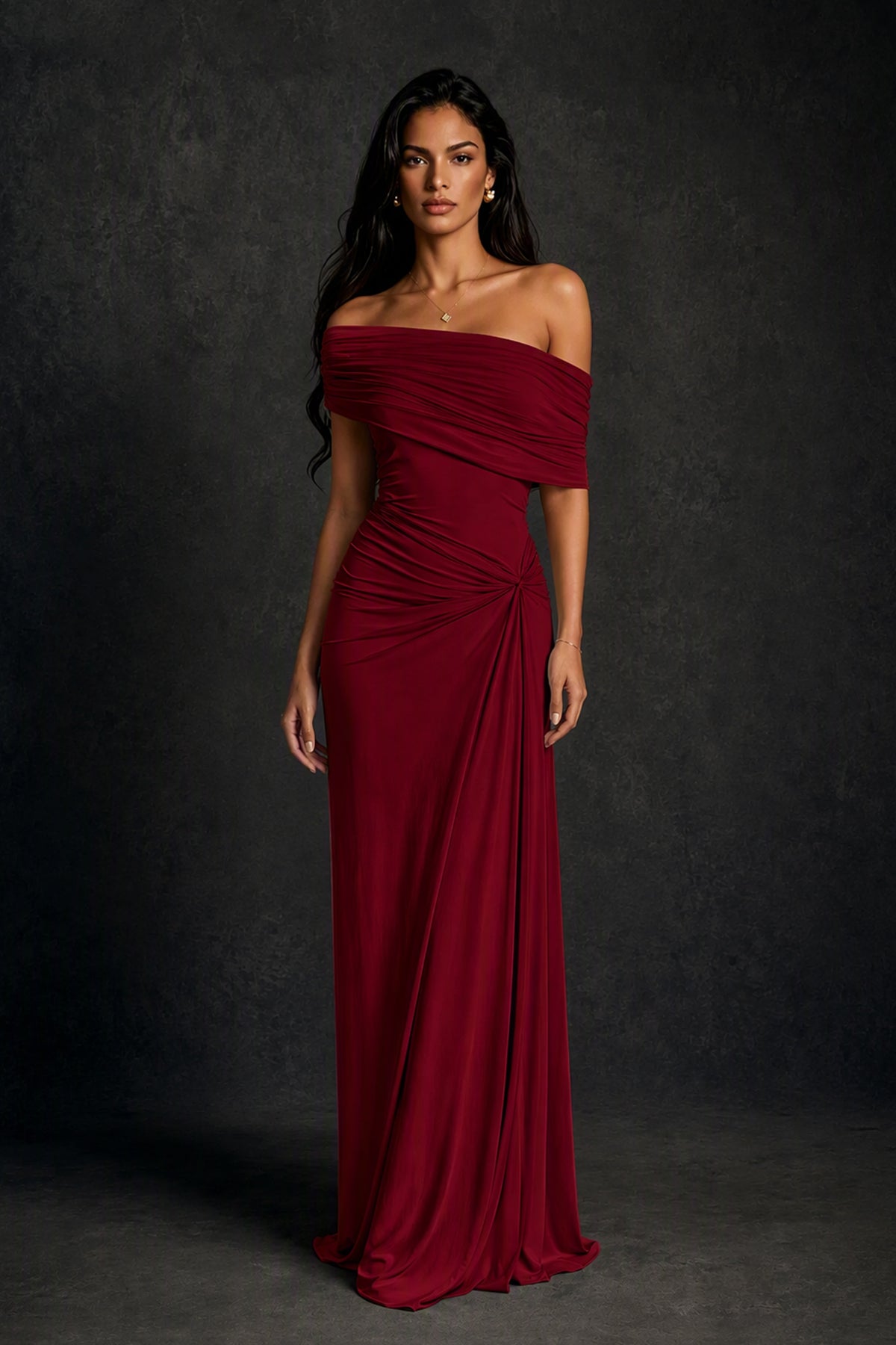 BOLODOO Burgundy Off-Shoulder Ruched Maxi Dress - Burgundy