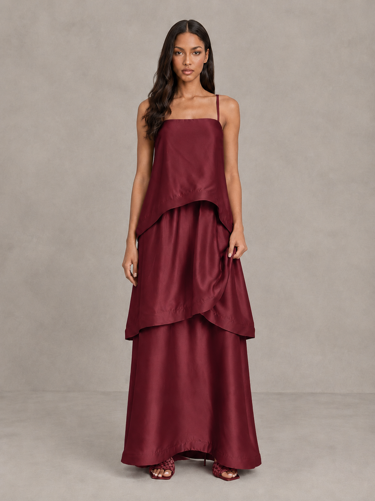 BOLODOO Burgundy Satin Tiered Maxi Dress with Spaghetti Straps - Burgundy