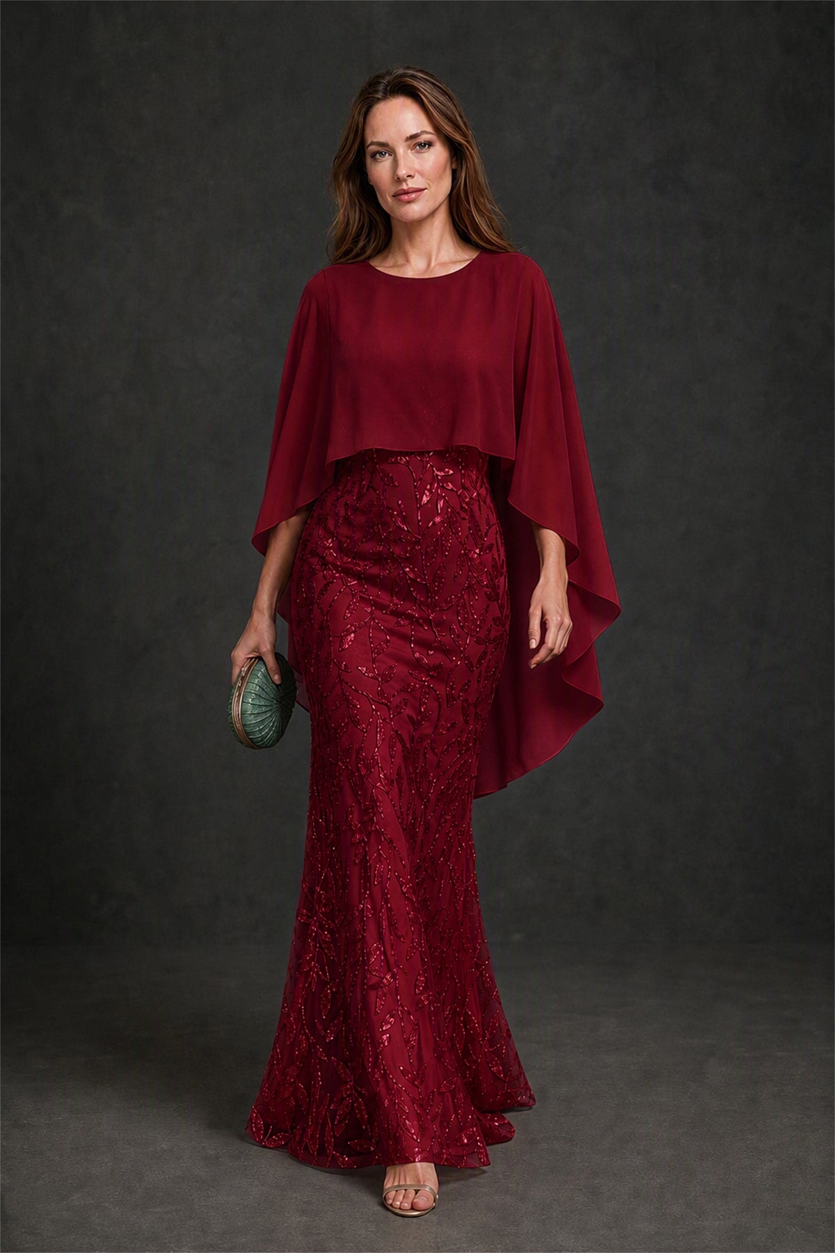 BOLODOO Burgundy Round Neck Chiffon Cape Overlay Sequin Lace Mermaid Maxi Dress - Burgundy