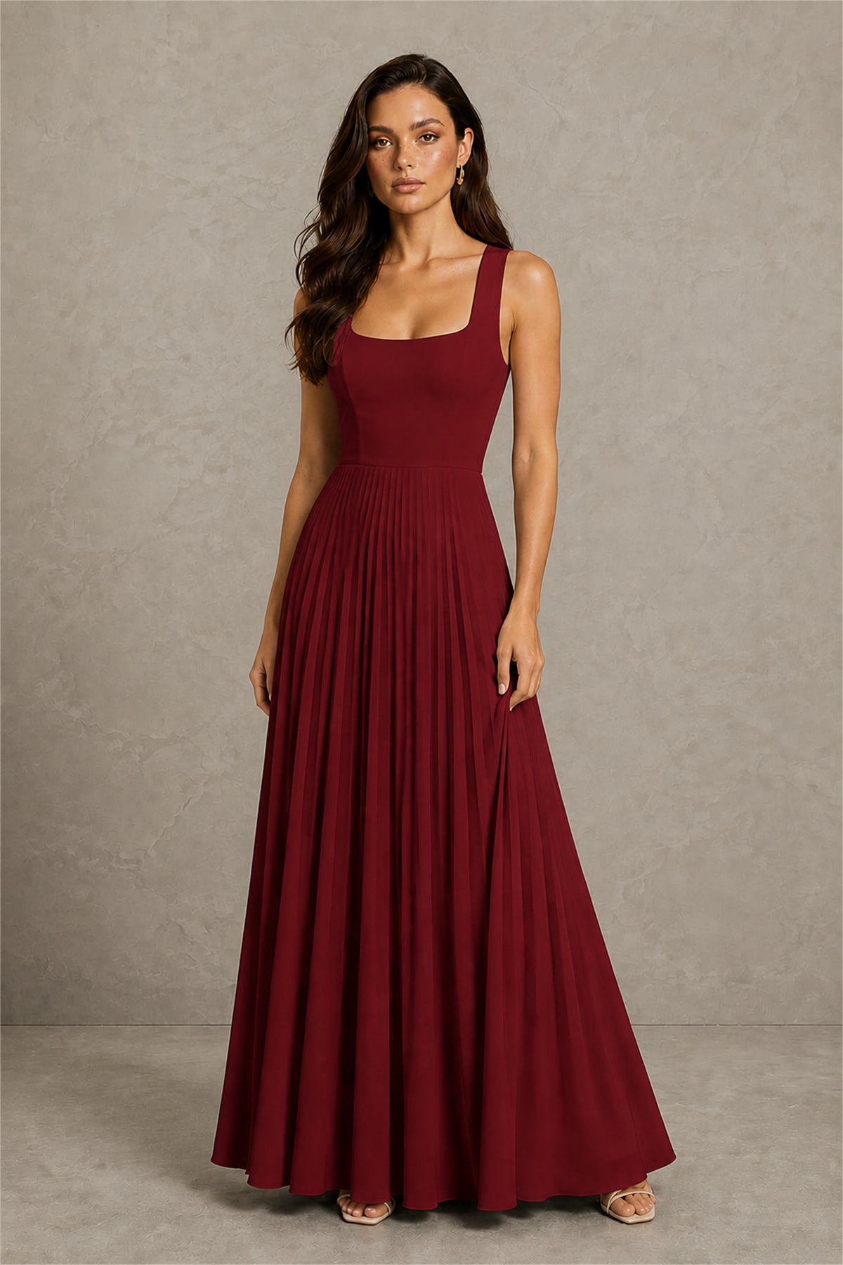 BOLODOO Burgundy Square Neck Wide Strap Lace-Up Back Pleated A-Line Chiffon Maxi Dress - Burgundy