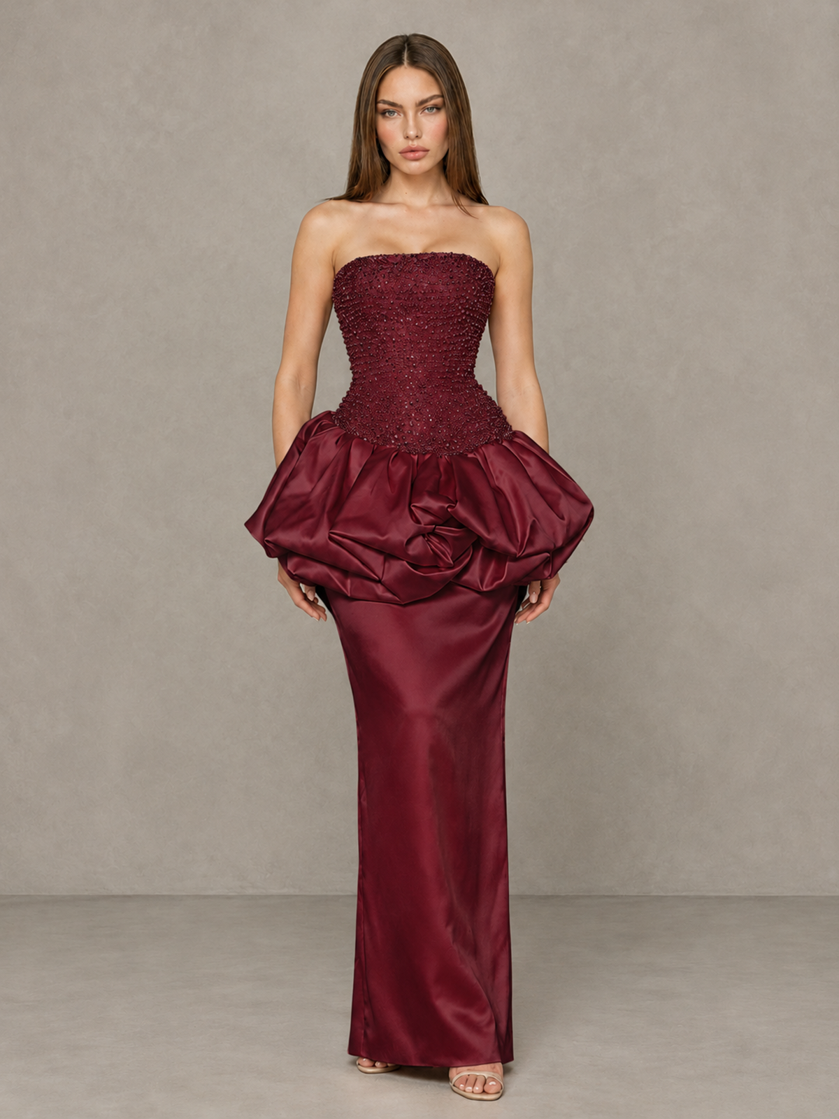 BOLODOO Burgundy Strapless Embellished Bubble Peplum Evening Dress - Burgundy - Burgundy (1)