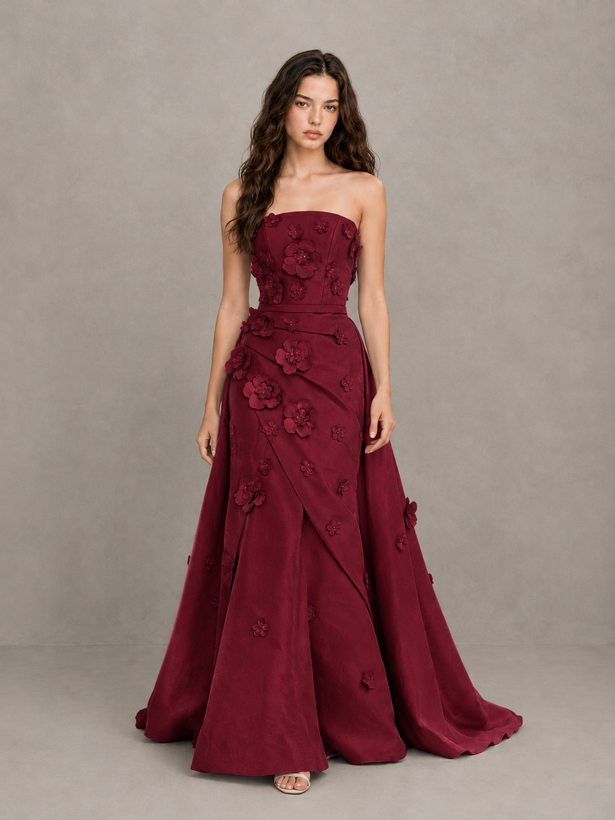 BOLODOO Burgundy Strapless 3D Floral Applique Prom Gown with Draped Skirt - Burgundy - Burgundy (1)
