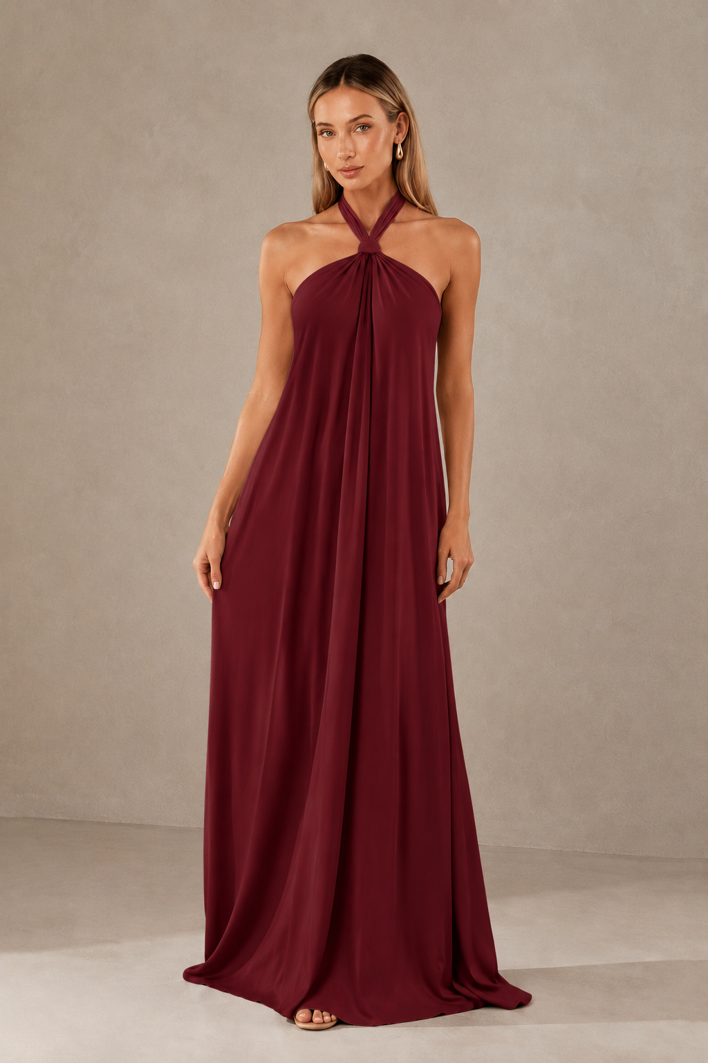 BOLODOO Burgundy Backless Halter Satin Bridesmaid Dress - Burgundy