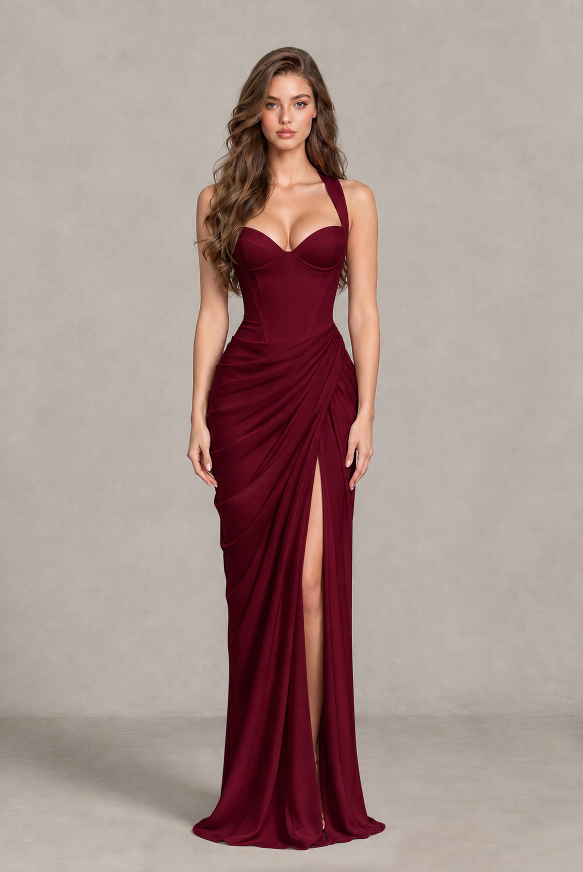 BOLODOO Chocolate Burgundy Sweetheart Maxi Dress with High Slit - Burgundy