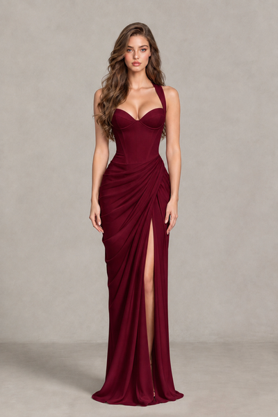 BOLODOO Chocolate Burgundy Sweetheart Maxi Dress with High Slit - Burgundy