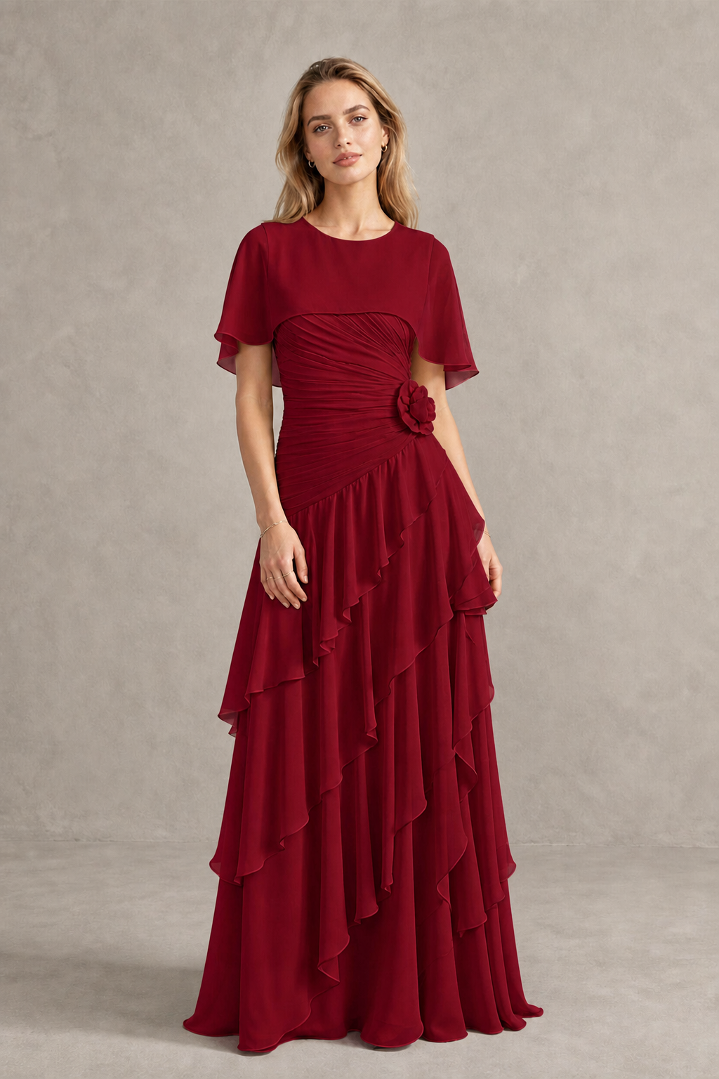 BOLODOO Burgundy Chiffon Flutter Sleeve Tiered Maxi Dress with 3D Rosette - Burgundy