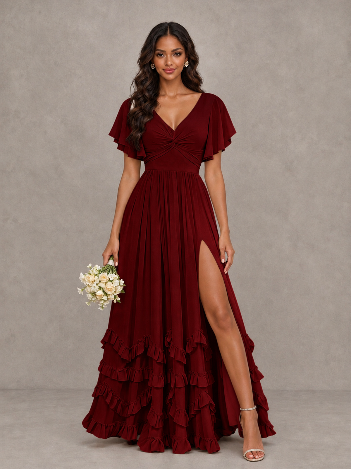 BOLODOO Burgundy V-Neck Flutter Sleeve Ruffle Bridesmaid Dress with Slit - Burgundy - Burgundy (1)