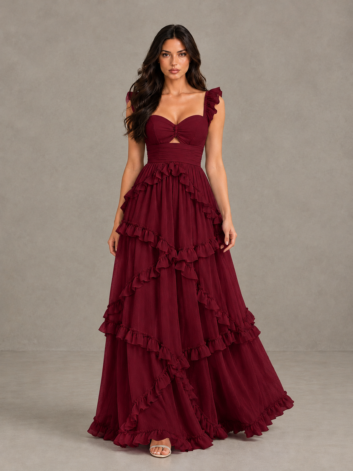 BOLODOO Burgundy Ruffle A-Line Prom Dress with Open Back - Burgundy - Burgundy (1)